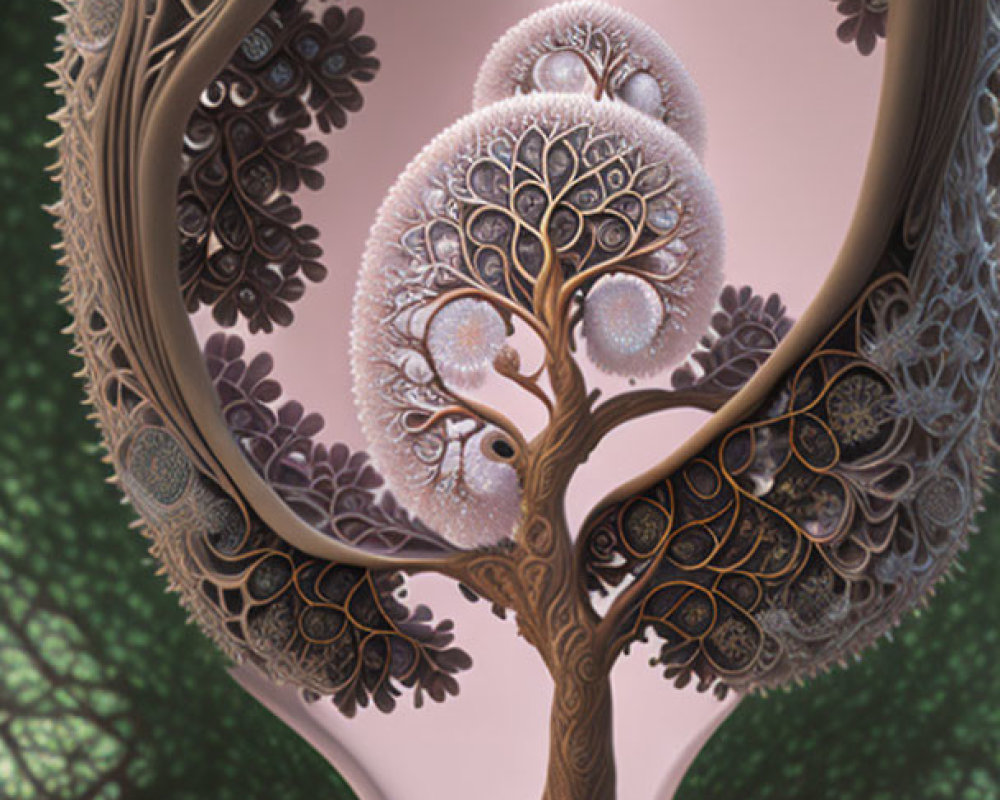 Surreal digital artwork: Circular fractal tree on pink backdrop