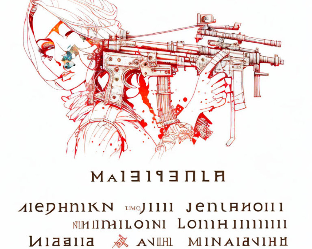 Stylized female face with mechanical gun elements and Russian text on white background