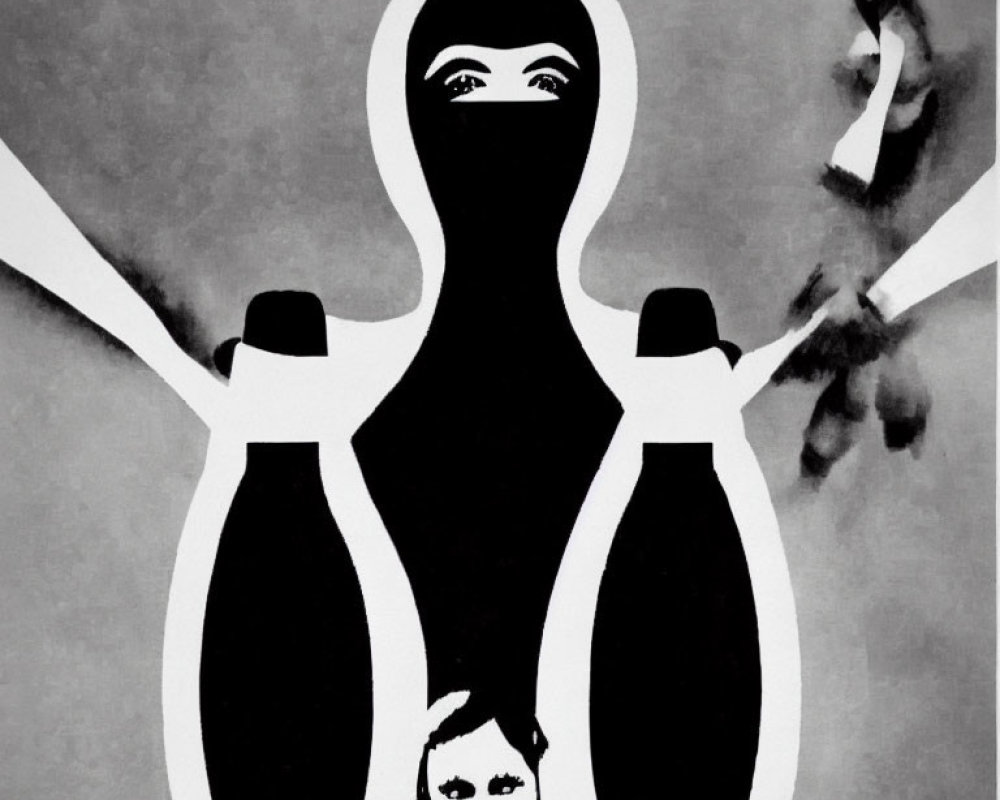 Monochrome art of stylized matryoshka doll with smaller figures on grey background