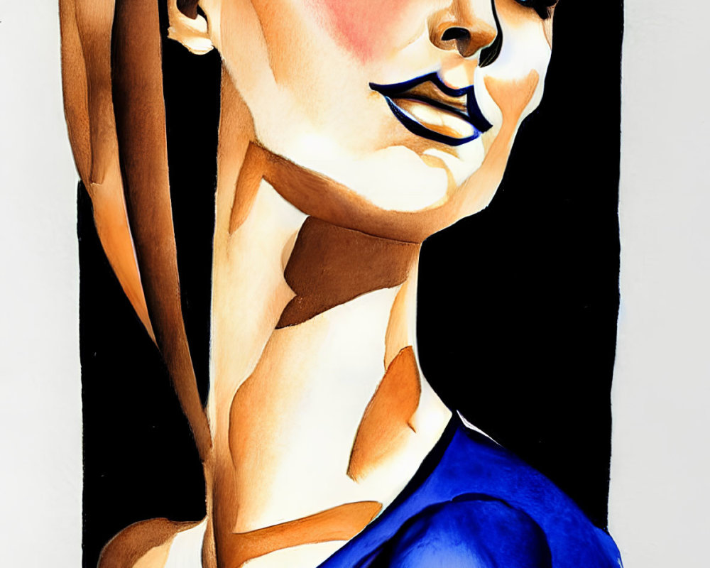 Stylized woman in blue top with pulled back hair on contrasting background