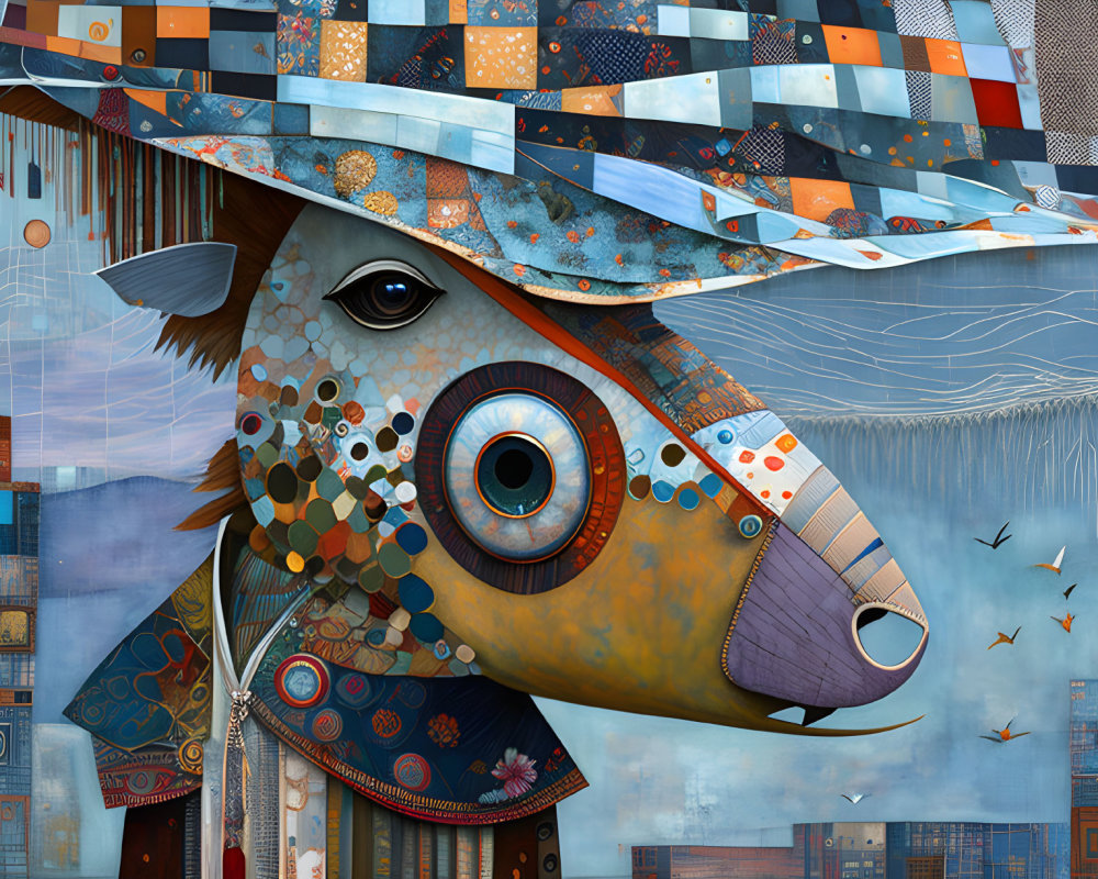 Whimsical creature with patchwork hat, bovine and bird-like features