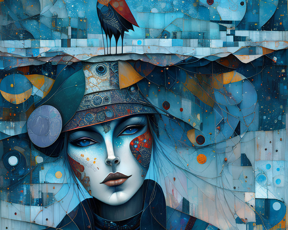 Blue-skinned woman with intricate headgear and bird on head against cosmic backdrop.