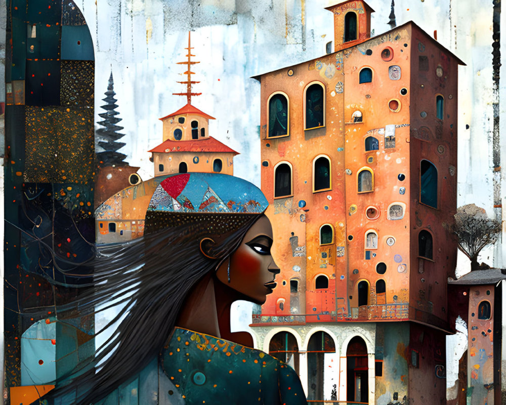 Stylized illustration of woman with flowing hair in whimsical cityscape