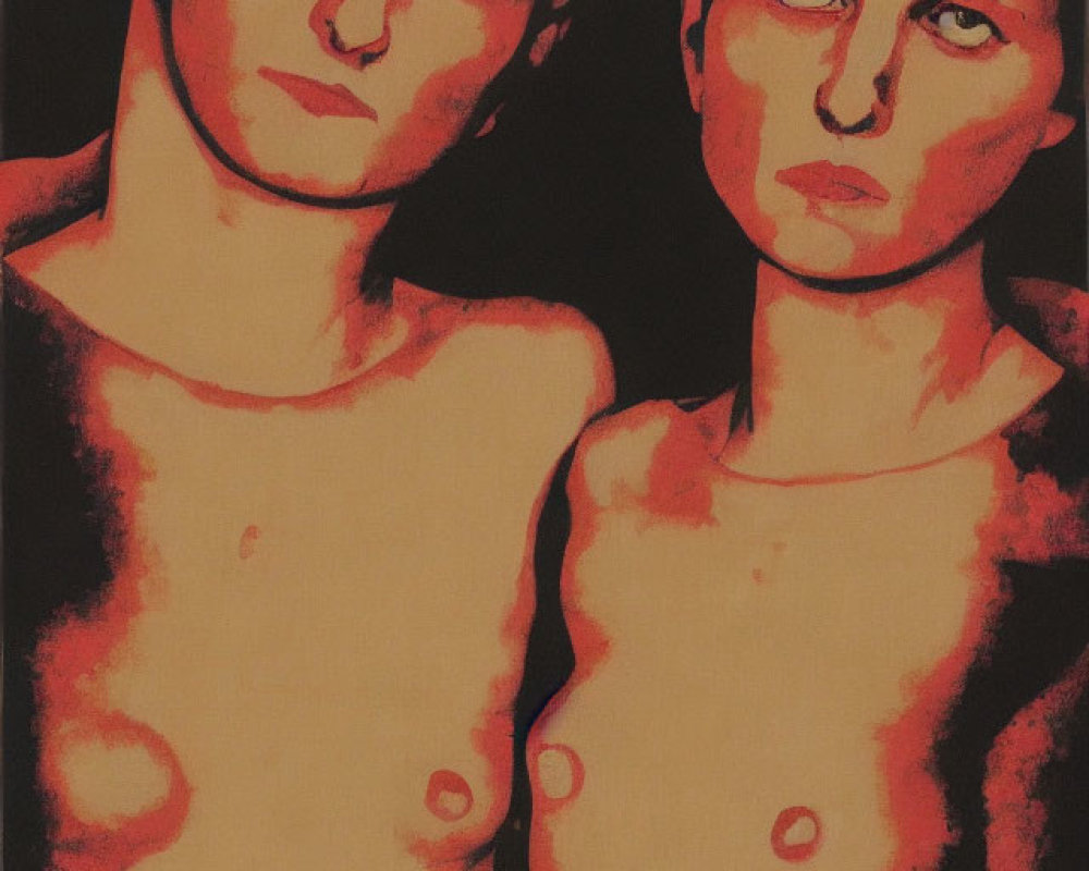 Pale-skinned figures in muted red tones against dark backdrop