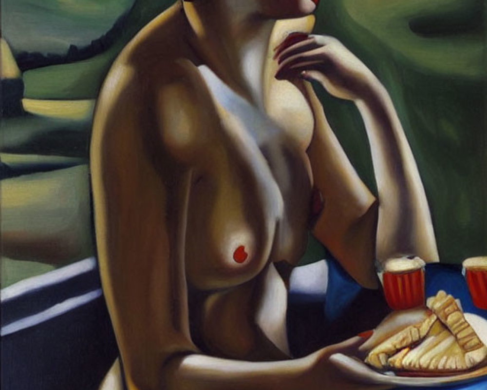 Stylized painting of nude woman with red lips and hair, table setting, dark leafy background