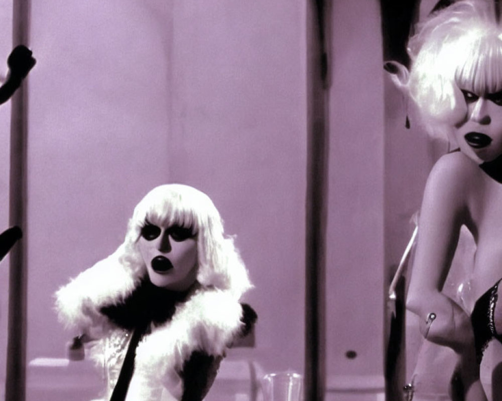 Monochrome staged scene featuring two female mannequins in bob haircut and lingerie.