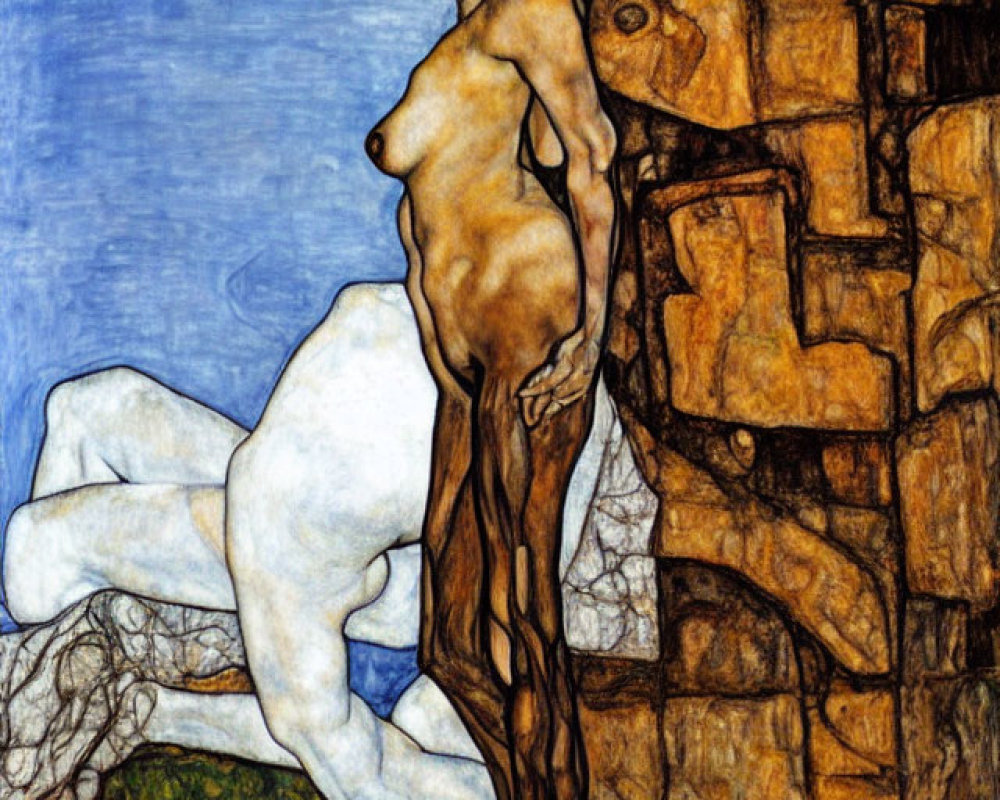 Nude figure against stone wall with blue sky