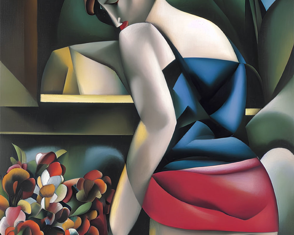 Cubist-style painting of figure with geometric shapes and book