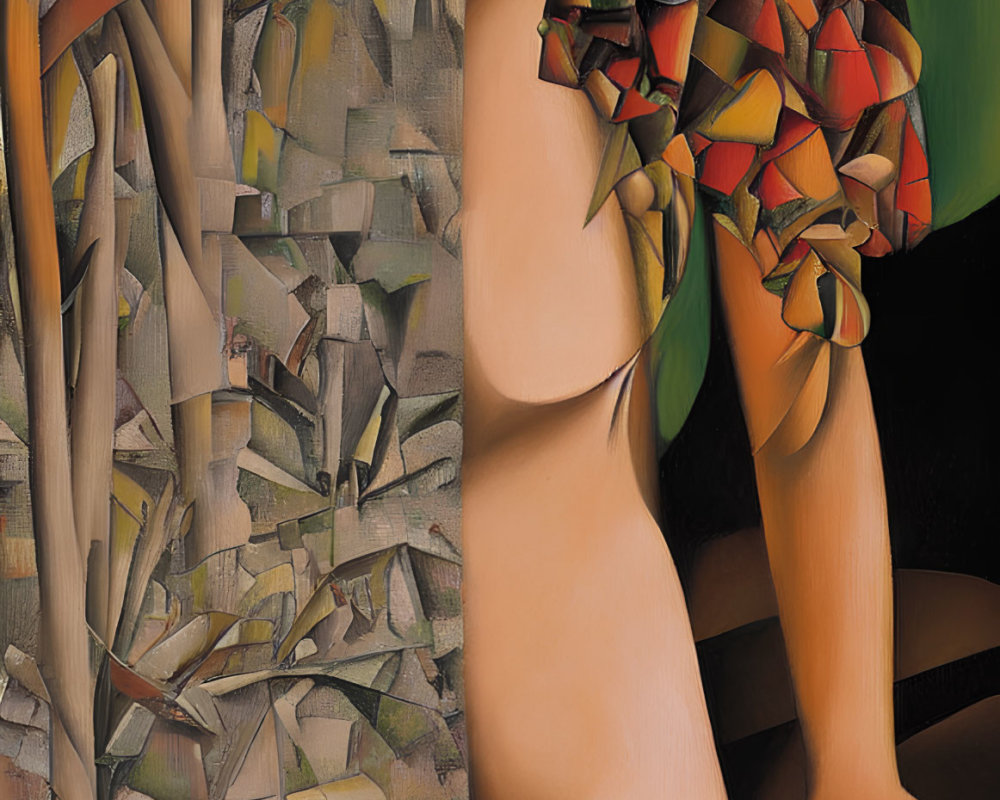 Stylized nude female figure with red cap in geometric woodland setting