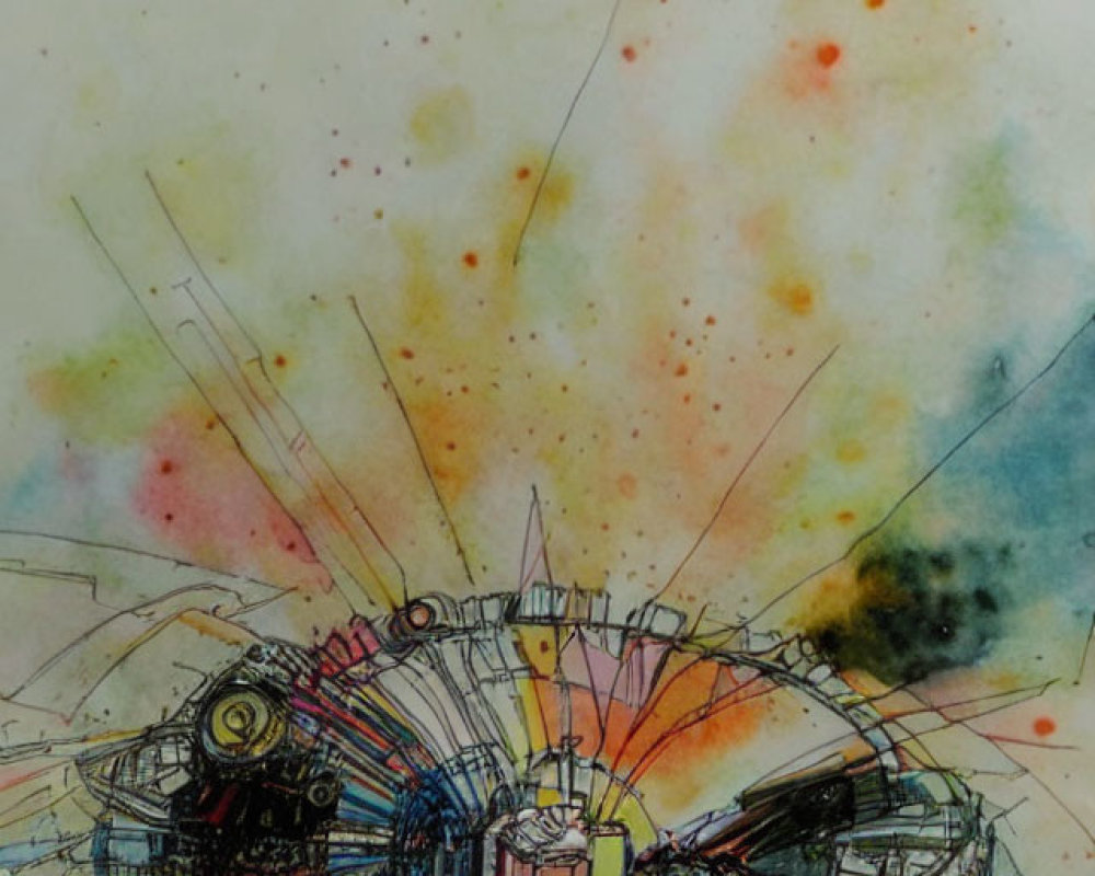 Circular Machine-Like Structure in Abstract Watercolor Art