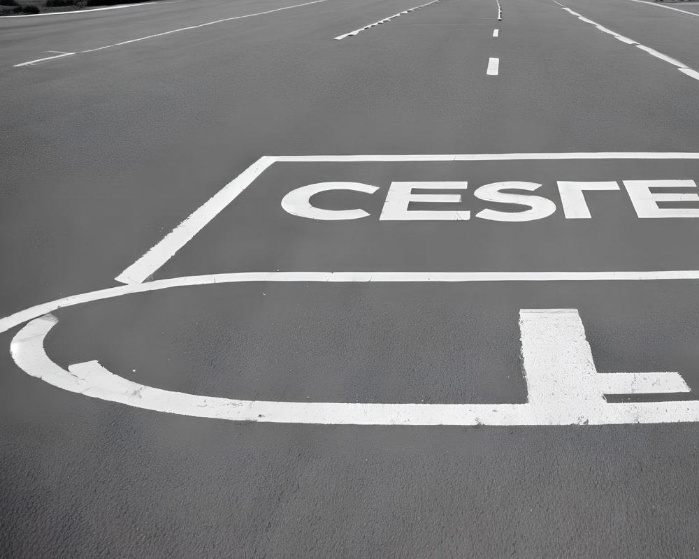 Monochrome photo of road markings with partial letters and arrow on empty tarmac