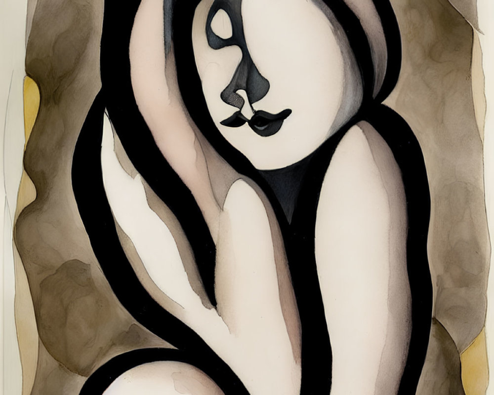 Stylized female figure with flowing lines and monochromatic color scheme