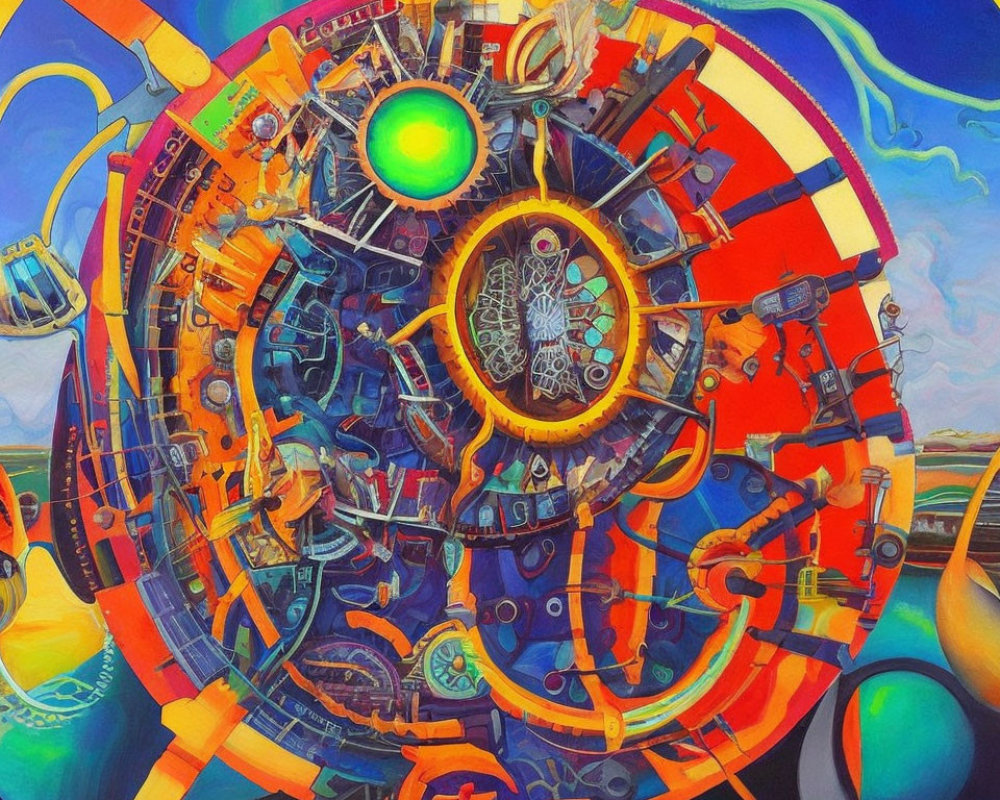 Colorful Abstract Painting of Mechanical Sphere on Vibrant Background