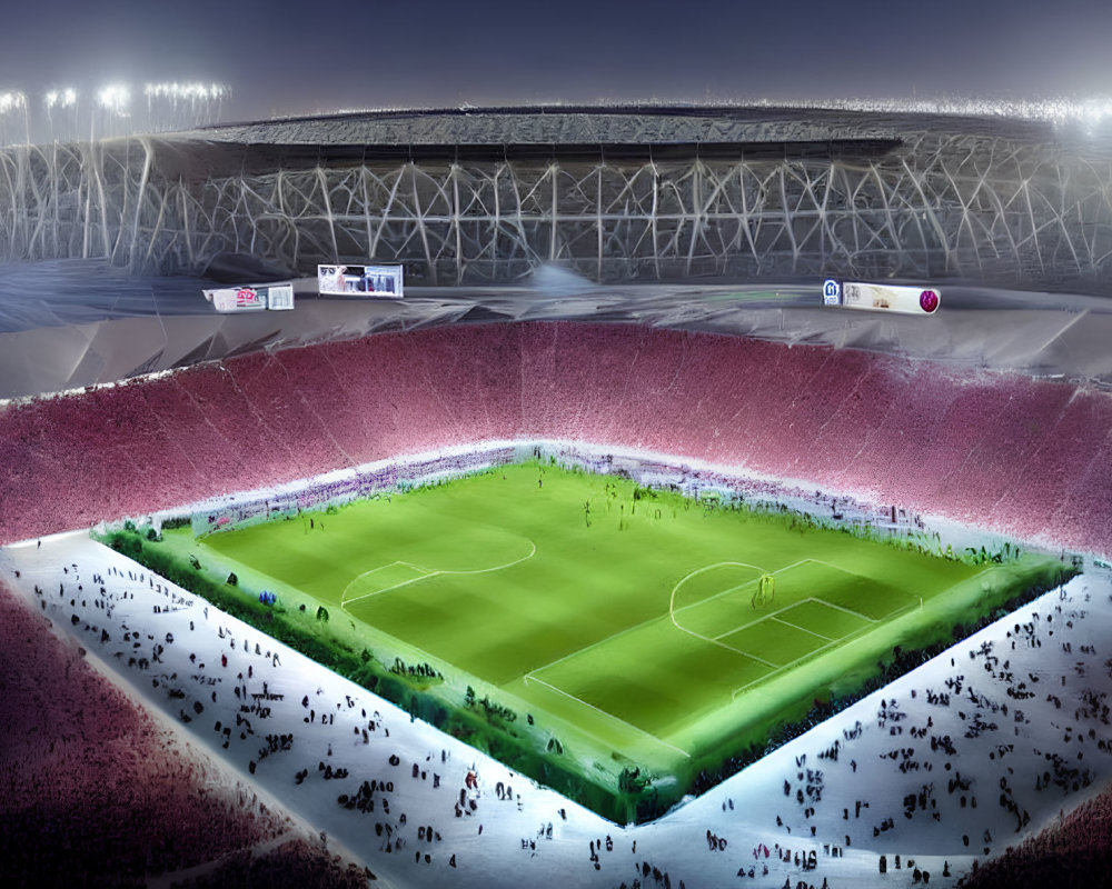 Nighttime soccer stadium with floodlights illuminating packed crowd and field.