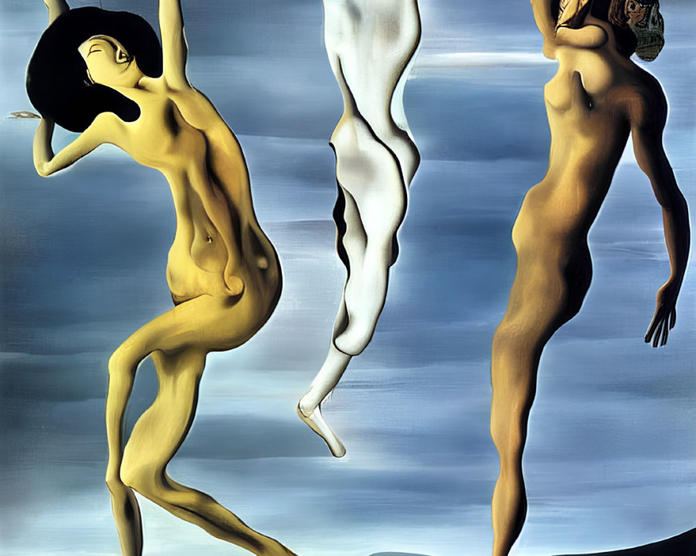 Surrealist painting: three floating figures above desert landscape