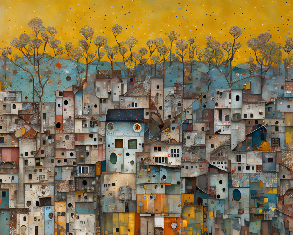 Colorful painting of whimsical village under star-speckled sky