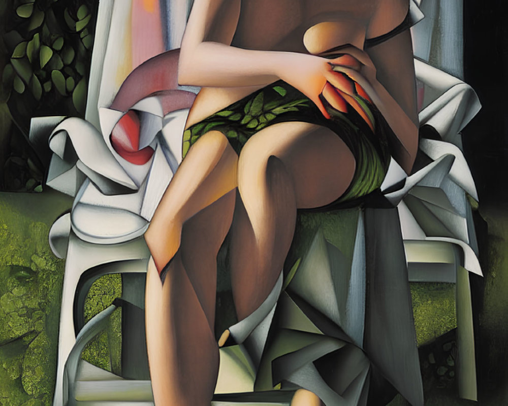 Stylized painting of woman on white chair with red and white cloth amidst green foliage