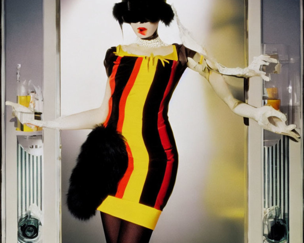 Woman in Bold Striped Dress with Fur Piece and Black Hat Between Lighted Display Cases