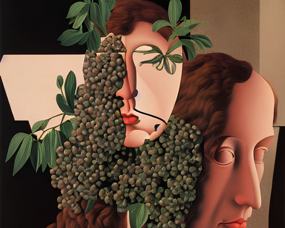 Woman's portrait split with vine of berries, surreal illusion