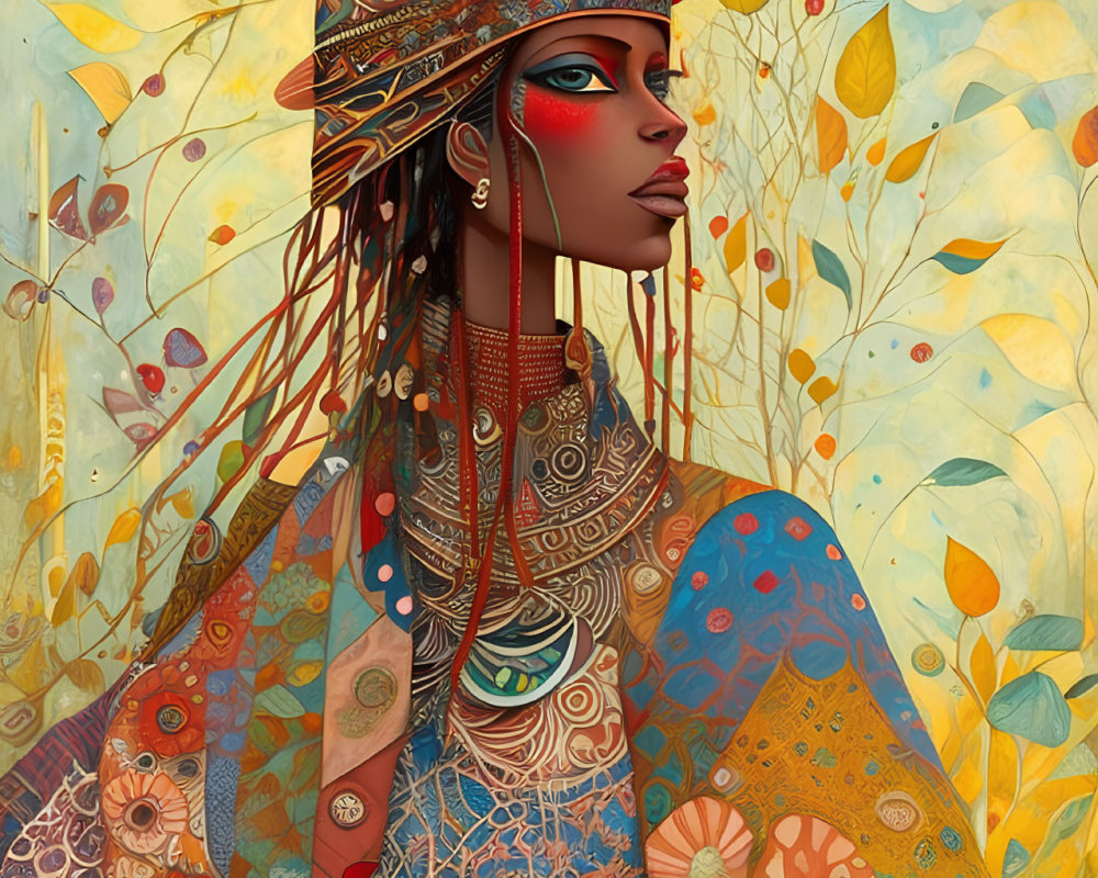 Stylized illustration of a woman with intricate patterns and jewelry in autumnal setting