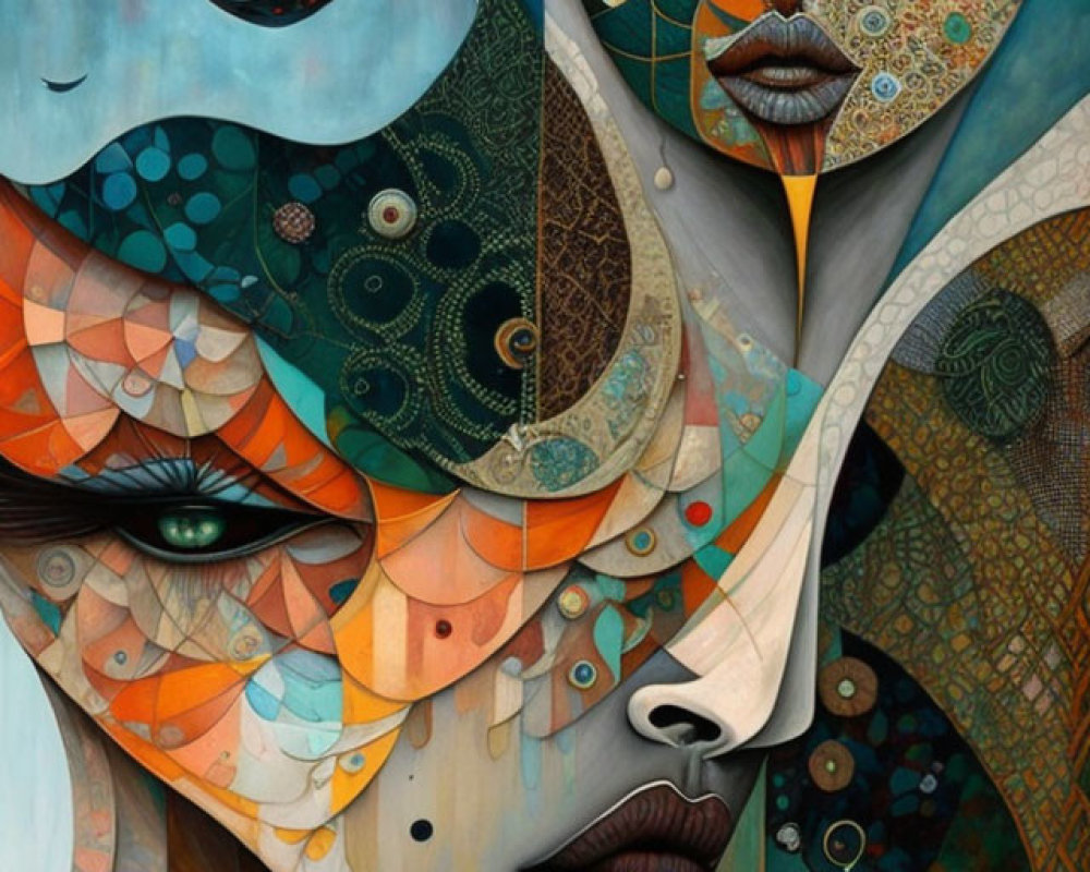 Abstract Painting of Stylized Faces in Vibrant Earthy Colors