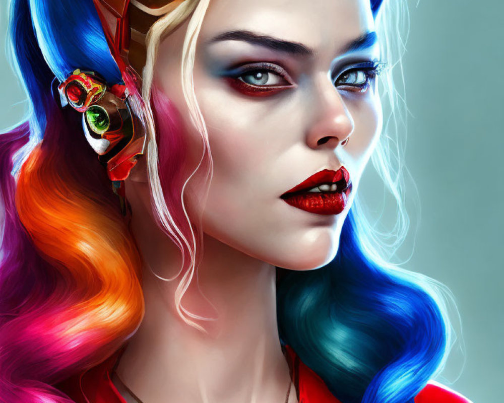 Colorful Rainbow Hair Woman with Harley Quinn-Inspired Headpiece