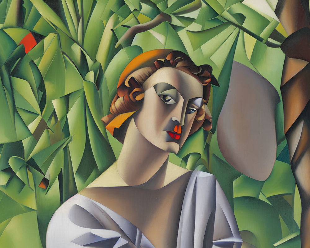 Stylized painting of woman with angular features amid green geometric backdrop