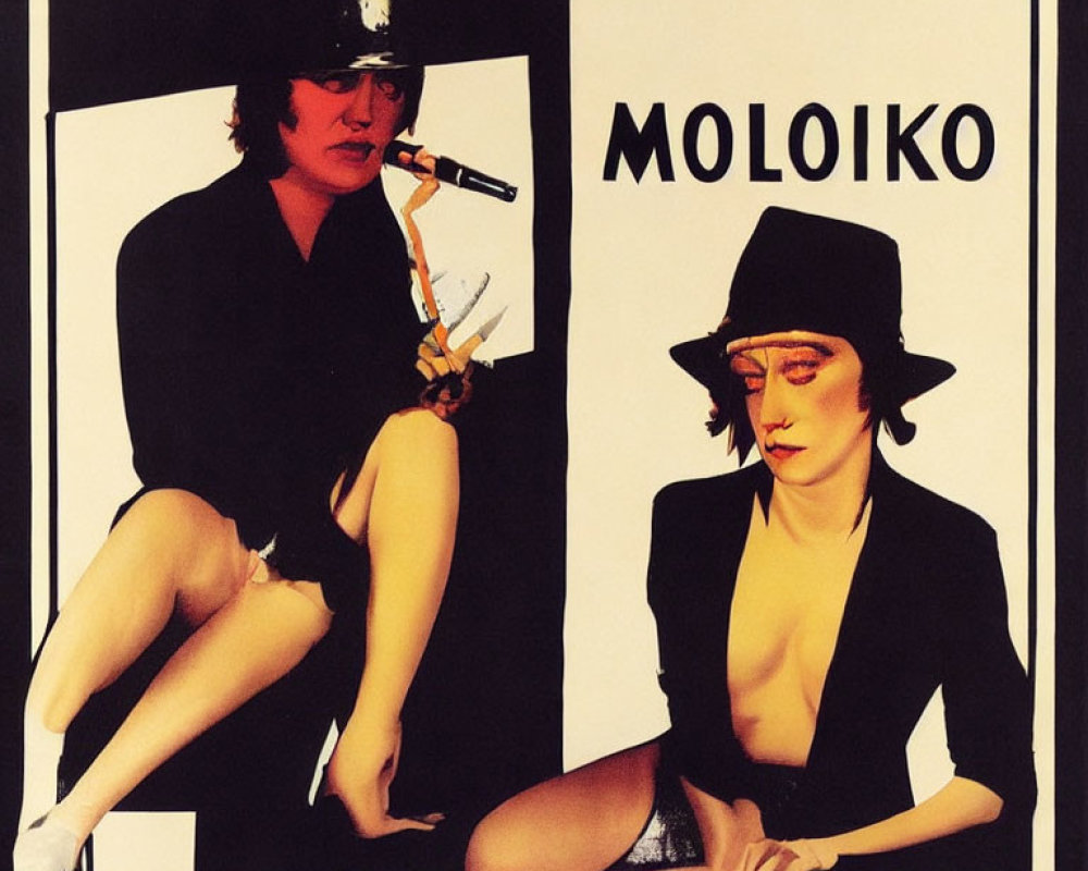 Vintage Style Poster with Two Identical Figures in Hats and Minimal Clothing and Stylized Text "MO