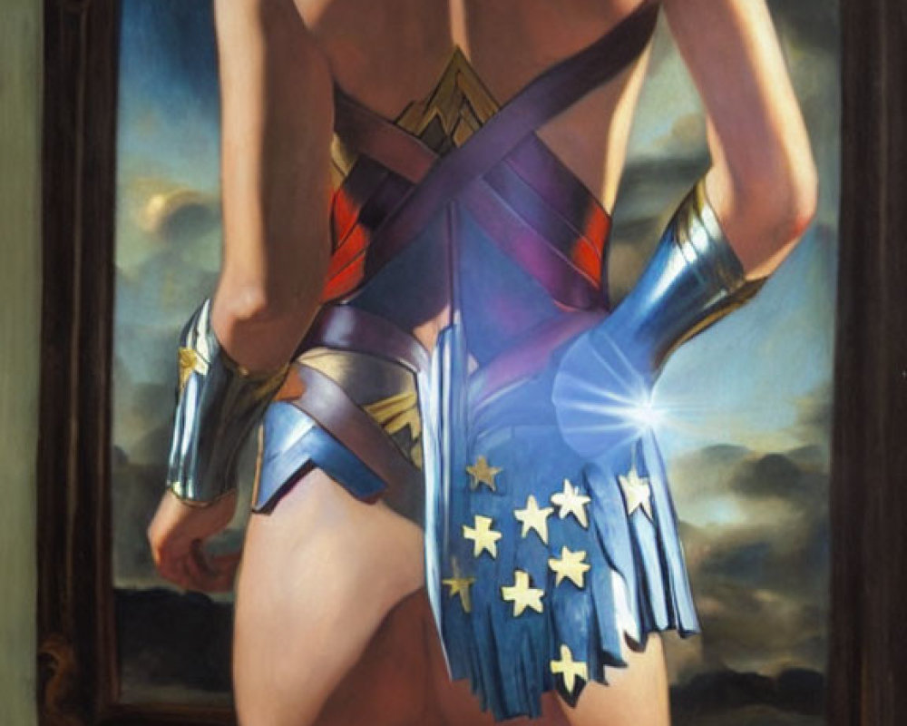 Reflection of woman in Wonder Woman costume with star-spangled skirt and metallic accessories