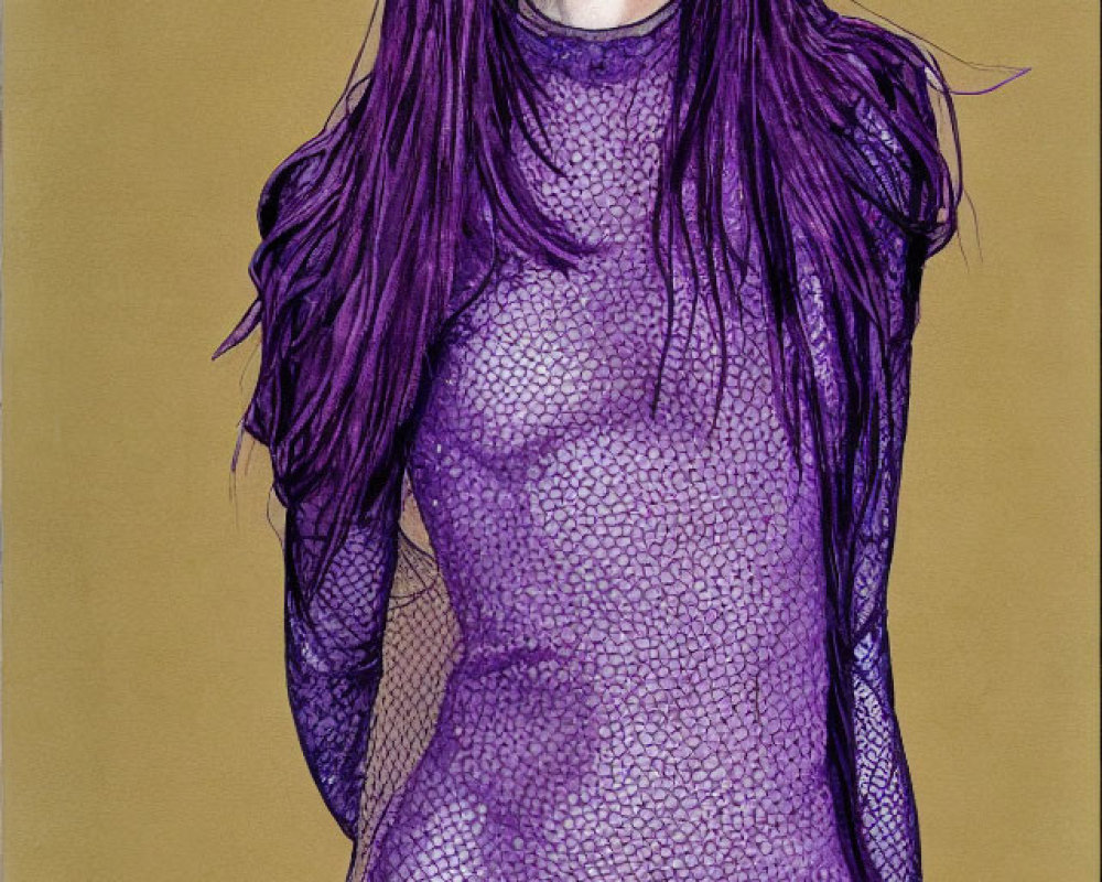 Purple-Haired Woman in Tight Bodysuit on Tan Background