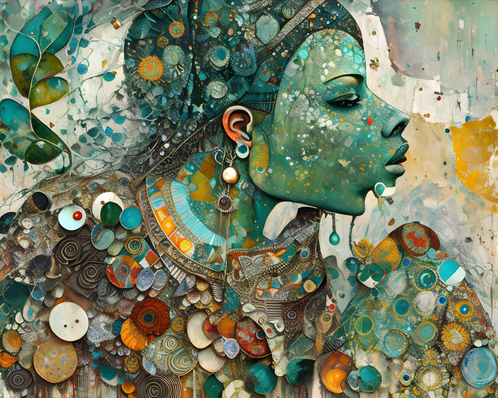 Colorful Artwork Featuring Woman with Green Skin and Mechanical/Organic Elements