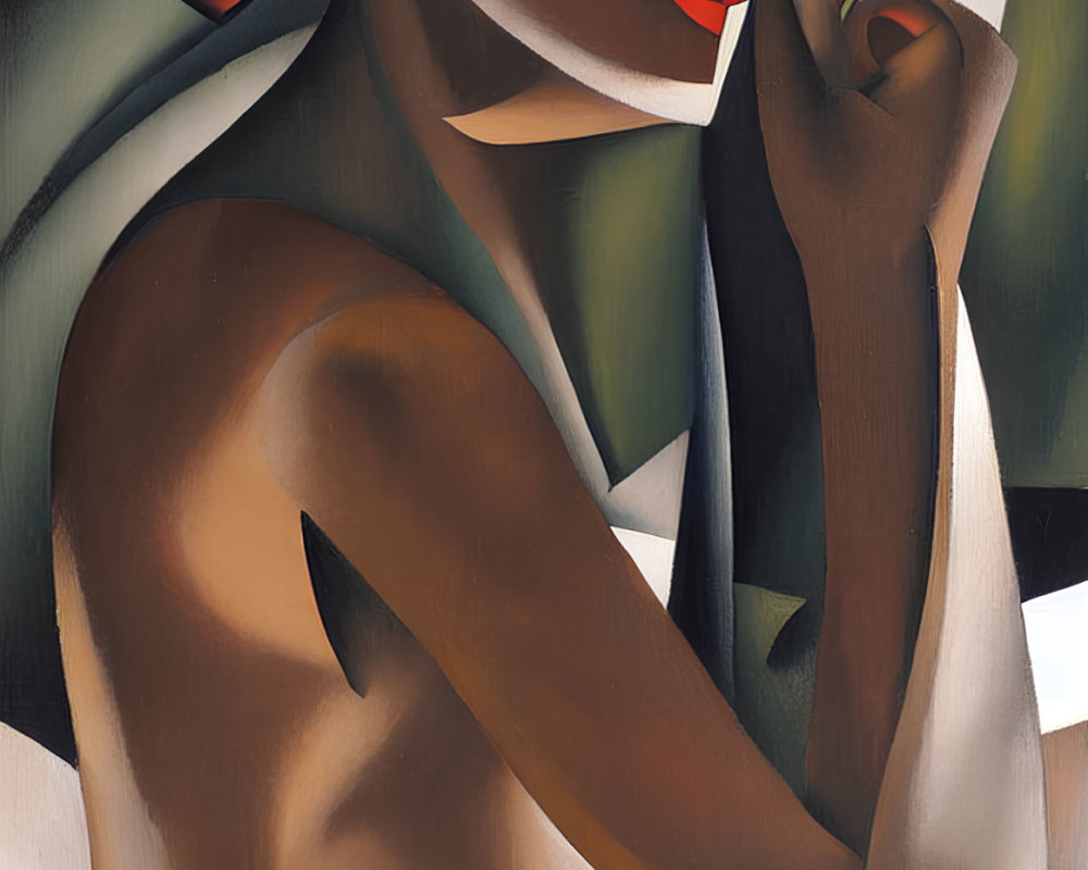 Cubist-style painting of seated woman with disjointed shapes