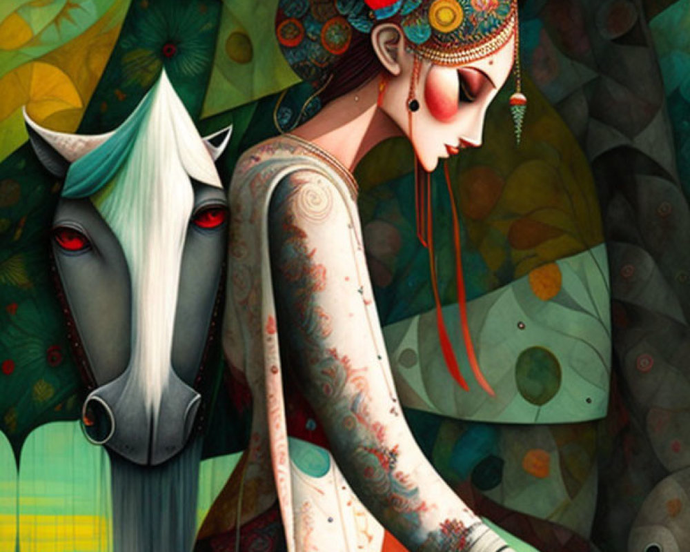 Whimsical woman and horse in stylized art scene