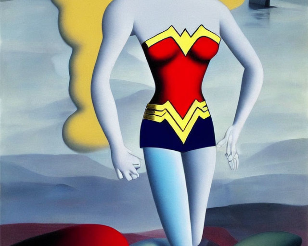 Stylized painting of a woman in red and blue costume with gold emblem