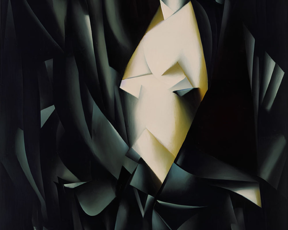 Geometric Cubist painting with black, white, and yellow shapes depicting angular face profile.