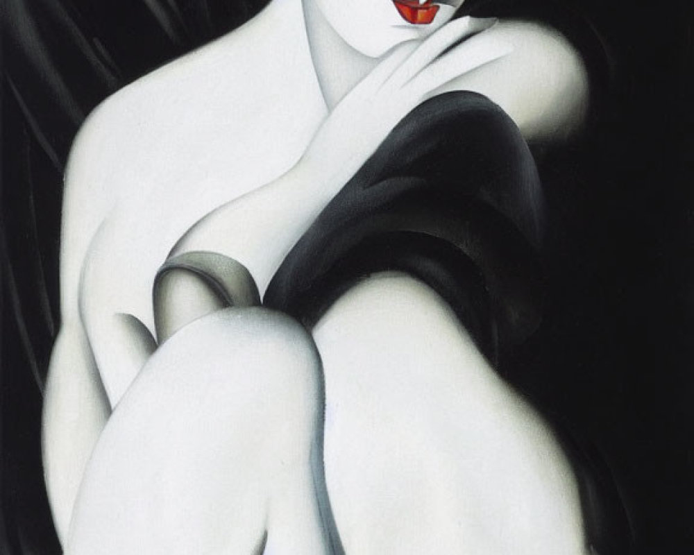 Stylized seated woman with white figure on dark background