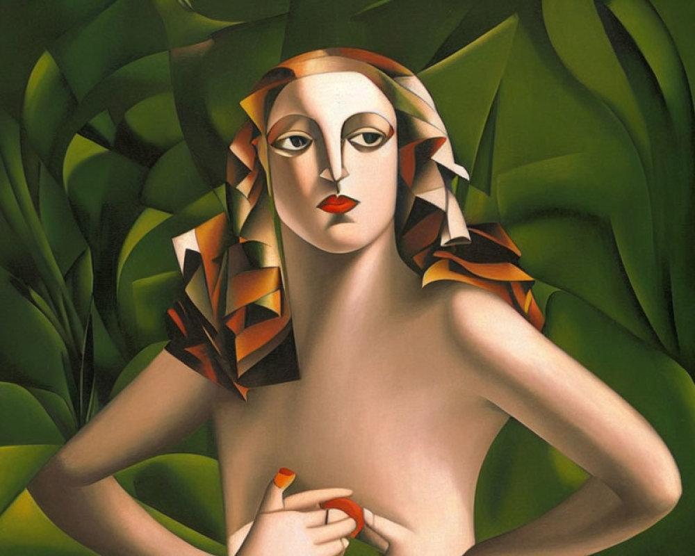 Stylized female figure against green leaves in cubist style