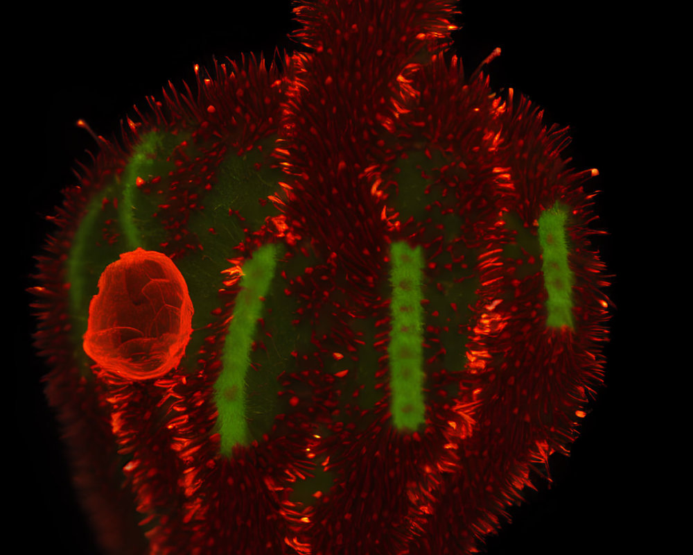 Detailed close-up: Red furry flower with green stigma on black background