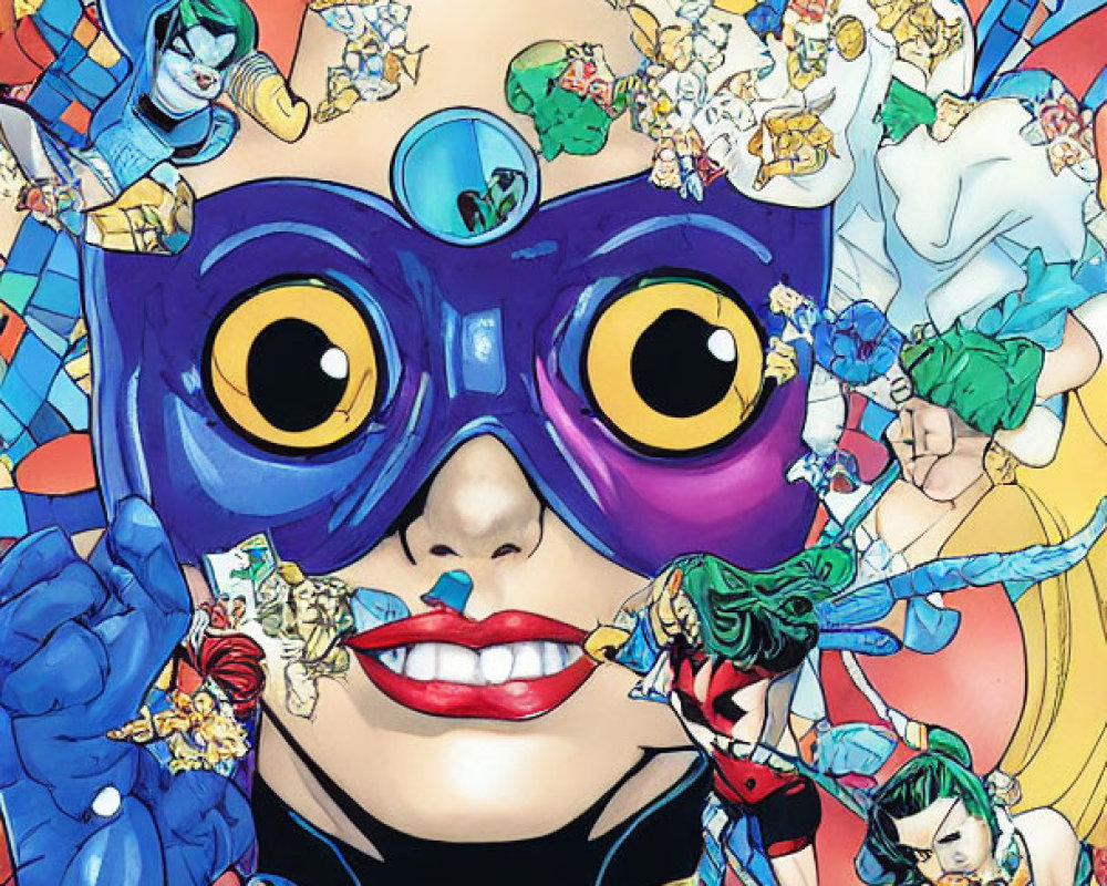 Vibrant Comic Book Illustration with Smiling Woman and Superheroes