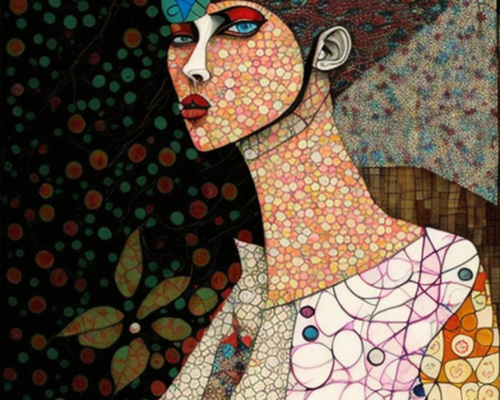 Colorful Abstract Art: Woman with Patterned Skin, Leaves, and Geometric Shapes