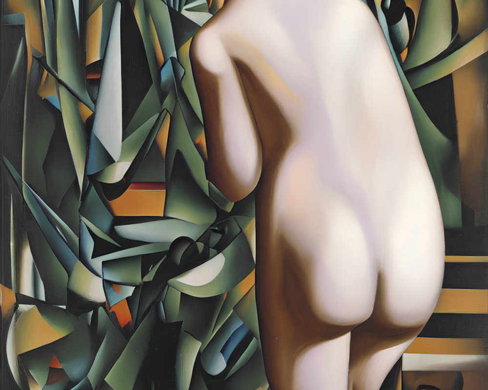 Cubist Painting: Nude Figure with Abstract Geometric Background