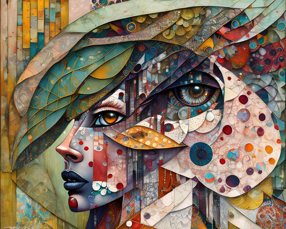 Colorful Abstract Portrait of Woman with Geometric Patterns and Textures