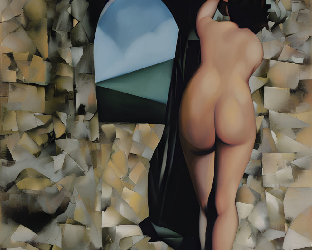 Nude Woman Looking Out Window in Cubist Style