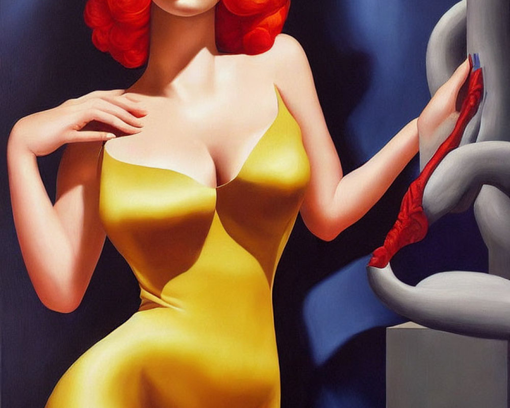 Stylized woman with red hair in yellow dress against grey backdrop with red snake-like object