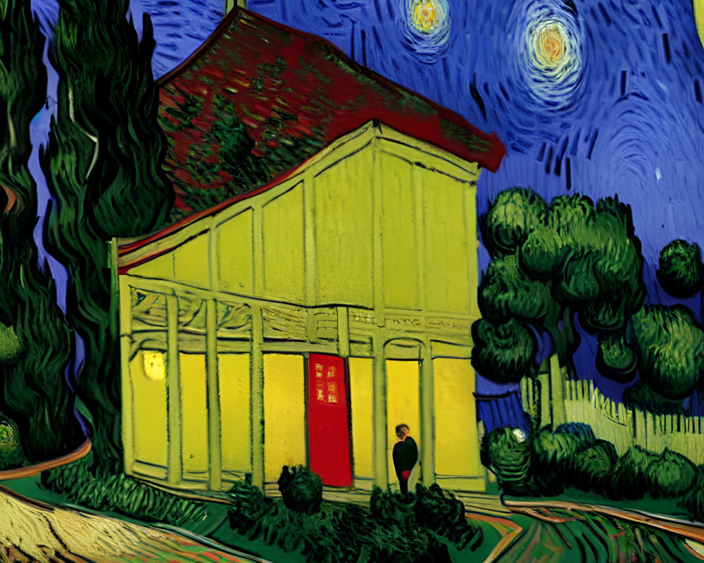 Stylized painting of yellow house under starry sky with cypress tree & figure