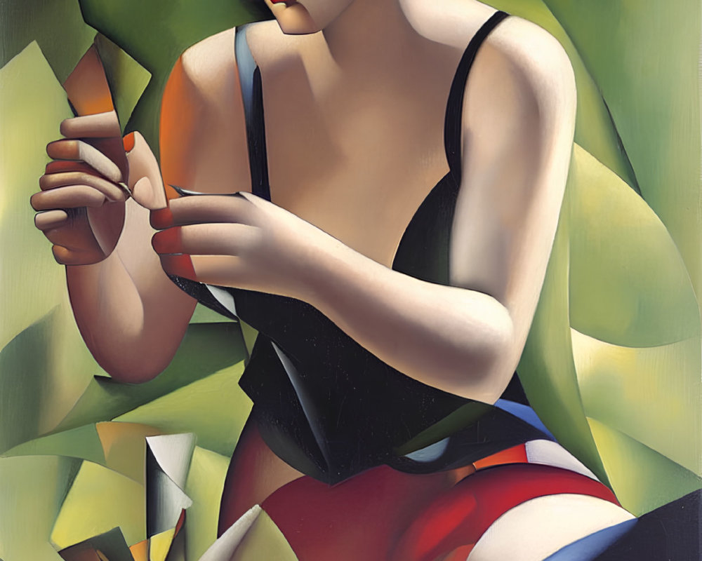 Cubist-style painting of woman with flower, bird, geometric shapes