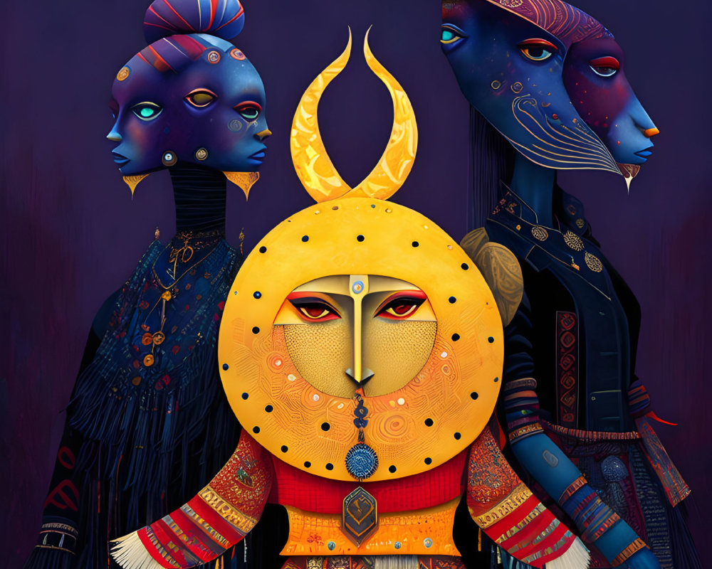 Stylized bejeweled figures on dark background with celestial features.