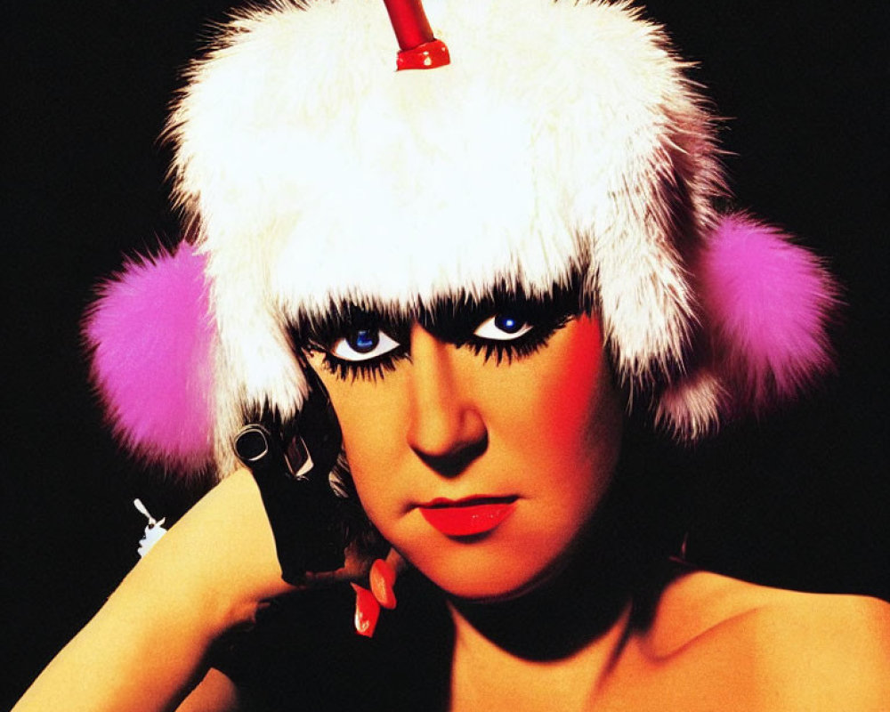 Bold makeup woman in white furry hat with red plunger and pink earmuffs on dark background