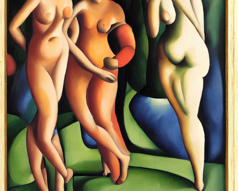 Abstract painting of three nude figures with orange disks on green background