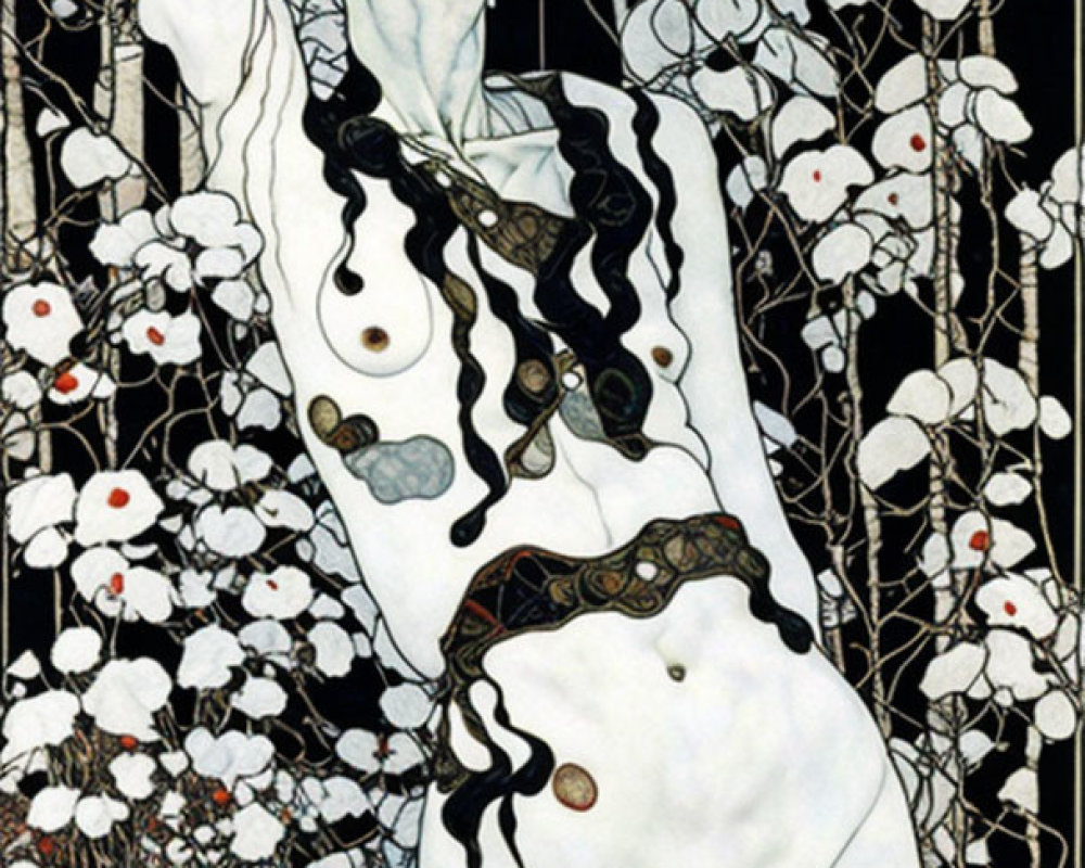 Art Nouveau Style Illustration of Slender Woman with Dark Hair and White Flowers